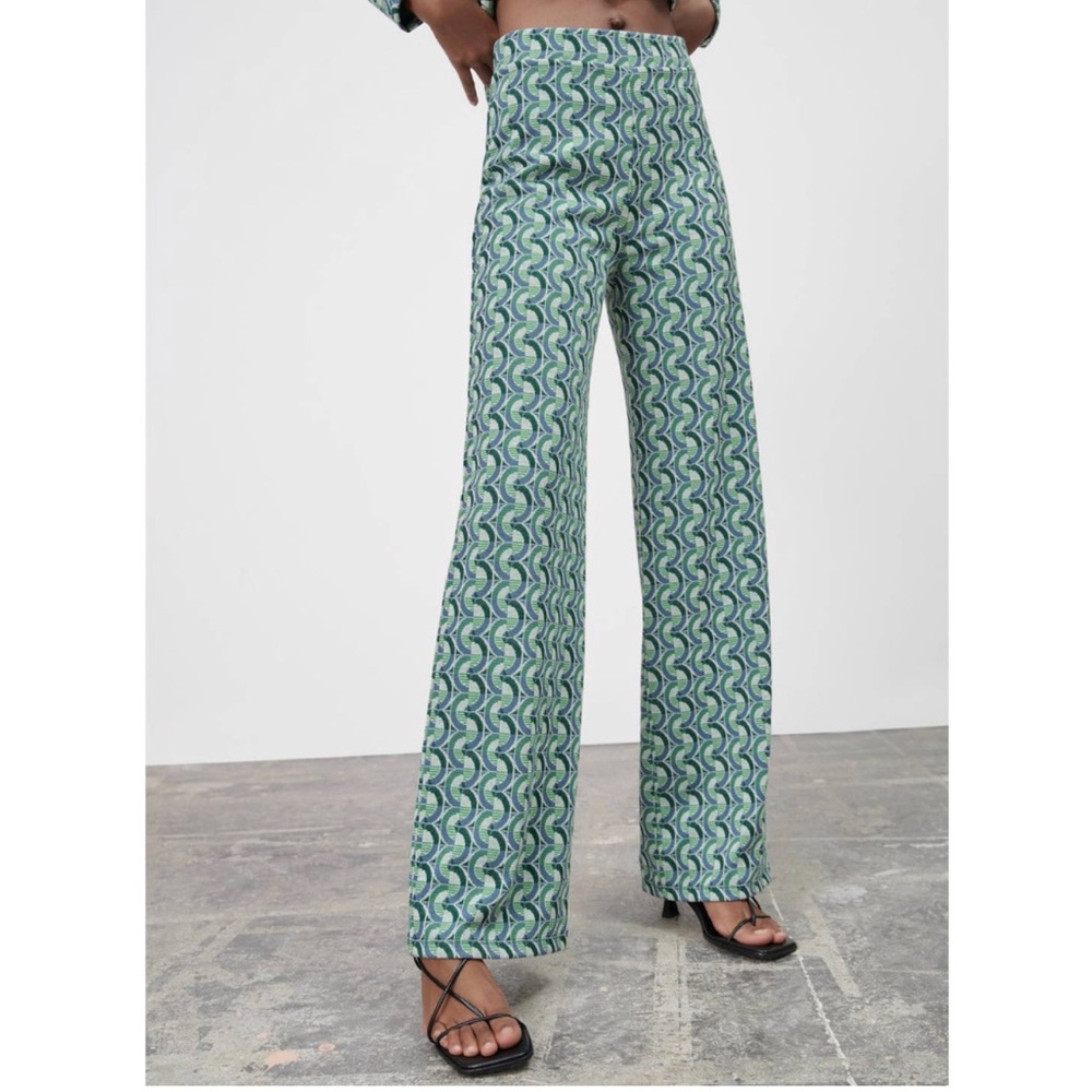 Zara Geometric Pattern Jacquard Knit Wide Leg Pants Green